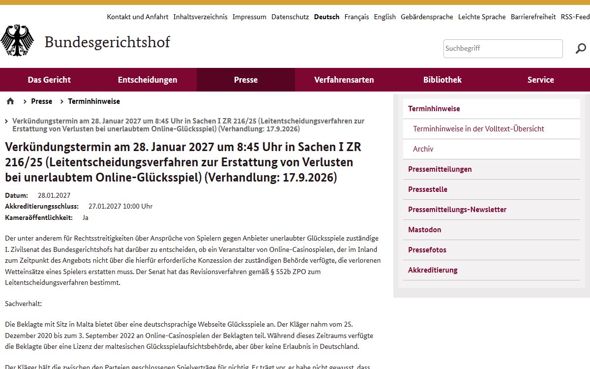 Pagina van het Duitse Bundesgerichtshof met de aankondiging van de uitspraak op 28 januari 2027 in zaak I ZR 216/25 over verliezen bij illegaal online gokken