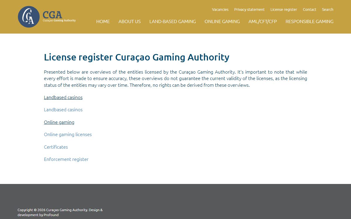 Pagina License register van de Curaçao Gaming Authority met links naar het register van online licenties, certificaten en het handhavingsregister