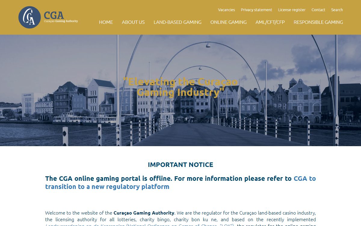 Homepage van de Curaçao Gaming Authority met de melding dat het online vergunningenportaal offline is