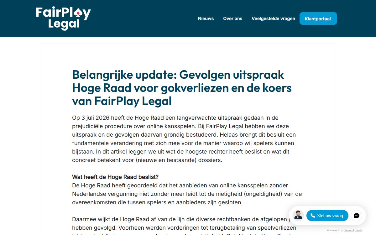 Mededeling op de website van FairPlay Legal met de kop: belangrijke update, gevolgen uitspraak Hoge Raad voor gokverliezen en de koers van FairPlay Legal