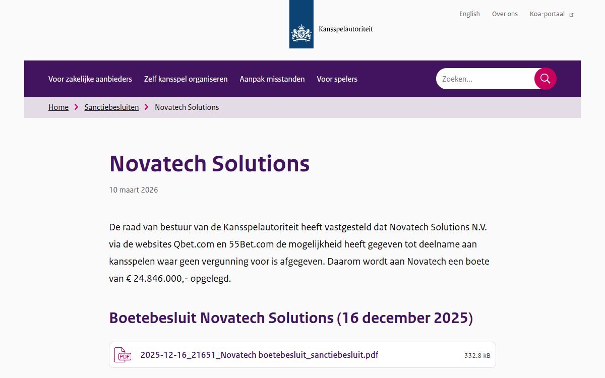 Pagina van de Kansspelautoriteit over het boetebesluit tegen Novatech Solutions, met een boete van 24.846.000 euro