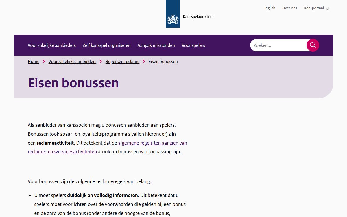 Pagina Eisen bonussen van de Kansspelautoriteit, over de informatieplicht bij casinobonussen