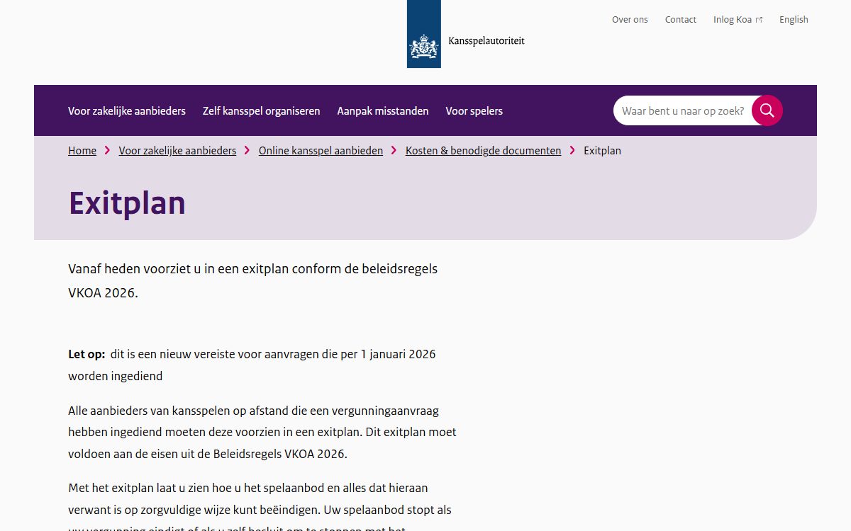 Pagina van de Kansspelautoriteit met de kop Exitplan, over de eis dat aanbieders vooraf vastleggen hoe ze hun aanbod afbouwen