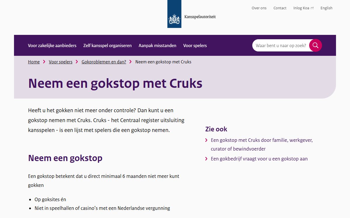 Pagina van de Kansspelautoriteit met de kop: neem een gokstop met Cruks