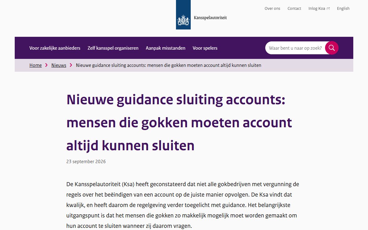 Nieuwsbericht van de Kansspelautoriteit van 23 september 2026 over de guidance voor het sluiten van accounts