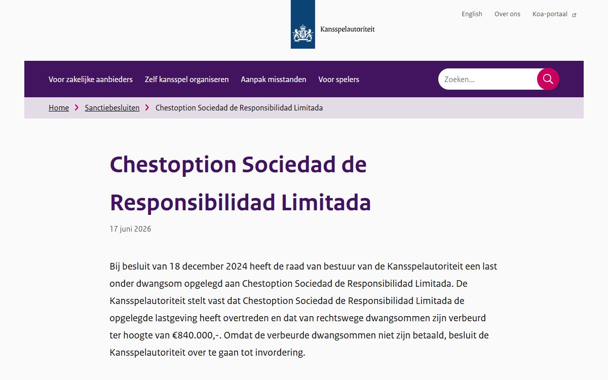 Pagina van de Kansspelautoriteit over Chestoption, met de tekst dat 840.000 euro aan dwangsommen is verbeurd en niet betaald