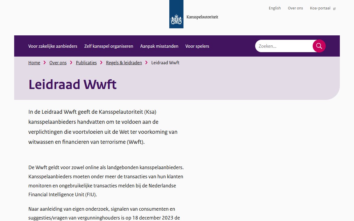 Pagina Leidraad Wwft van de Kansspelautoriteit, over de witwasregels voor kansspelaanbieders