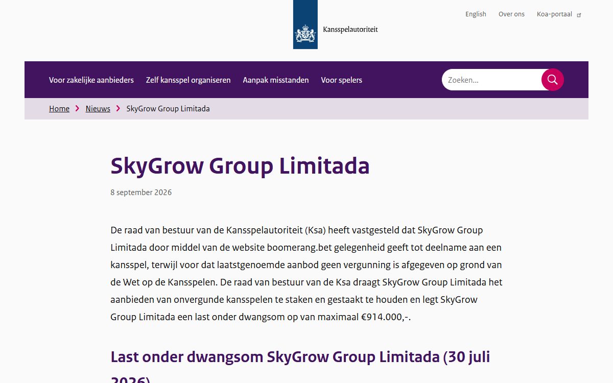 Pagina van de Kansspelautoriteit over de last onder dwangsom voor SkyGrow Group Limitada en de website boomerang.bet