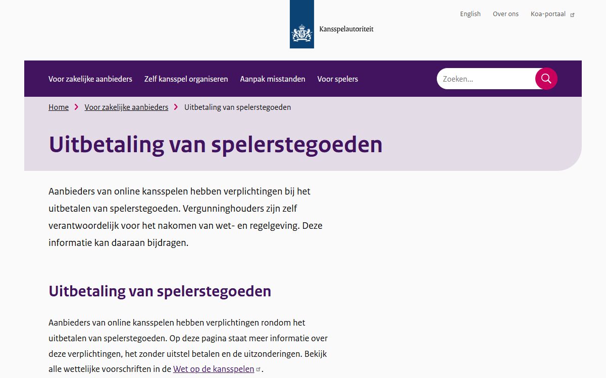 Pagina Uitbetaling van spelerstegoeden van de Kansspelautoriteit, over zonder uitstel uitbetalen
