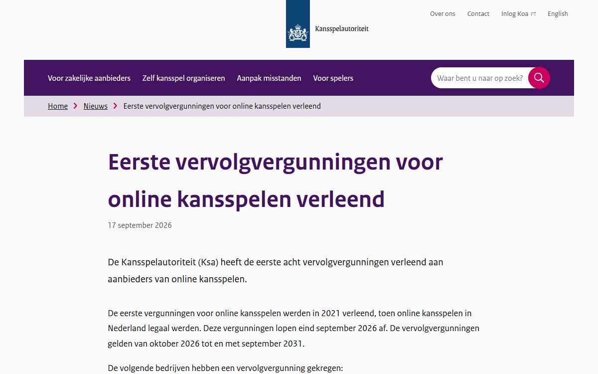 Nieuwsbericht van de Kansspelautoriteit van 17 september 2026 over de eerste vervolgvergunningen